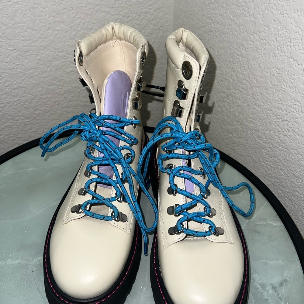 Larroude Cream Combat Boots with Blue Laces